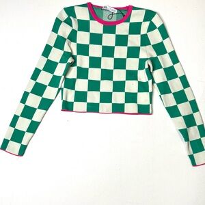 Zara Green and Cream Checkered Crop Long Sleeve Knit Top with Pink Trim Size Sm